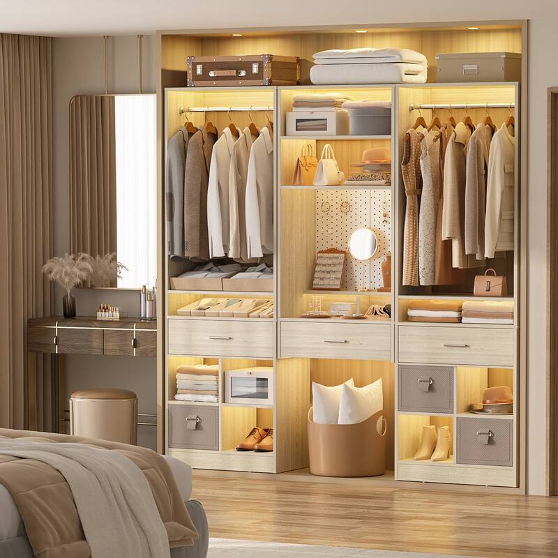 Set of 2 Closet System with Hanging Rod and 11 Open Shelves,Walk-in Closet Organizer with 2 Wooden Drawers and Magnetic Pegboard