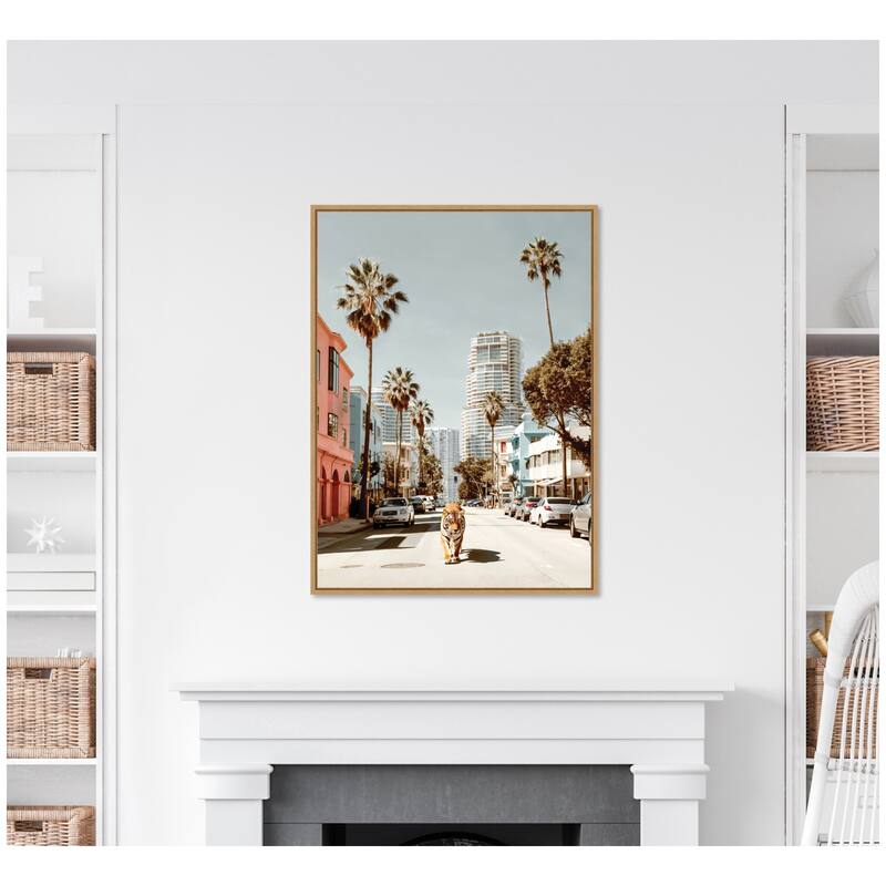Kate and Laurel Sylvie California Tiger Roaming through Palm Springs Framed Canvas by Michael Schauer