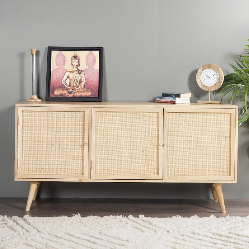Glenda Three-Door Solid Wood with Natural Cane Sideboard