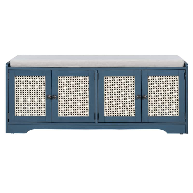 Rustic Storage Bench Multifunctional Wood Entryway Shoe Bench with Removable Cushion, Woven Rattan Doors & Adjustable Shelves