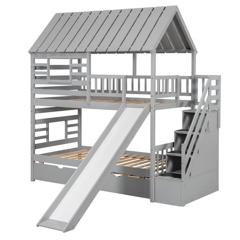 Twin Over Twin House Bunk Bed With Slide And Windows