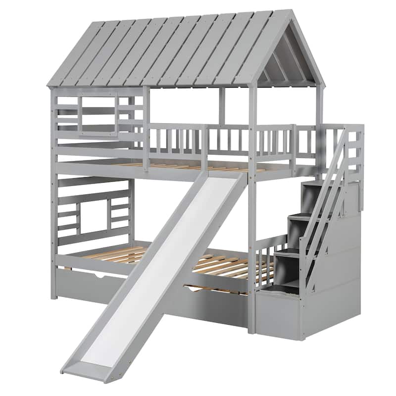 Twin over Twin House Bunk Bed with Trundle & Slide, Storage Staircase