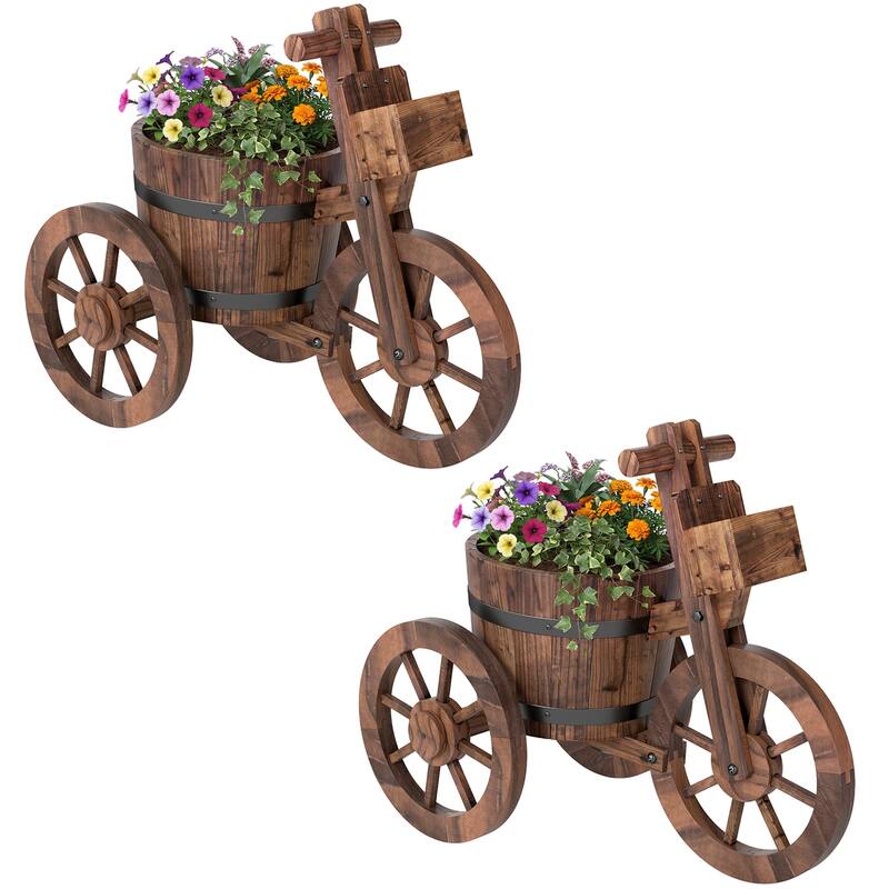 Gymax 2PCS Rustic Wood Tricycle Planter w/Barrel Pot & Storage Box for - Brown