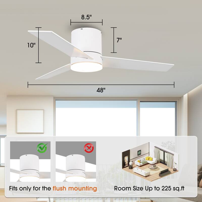 Modern 48" Wood 3-Blade LED Hugger Ceiling Fan with Remote - N/A