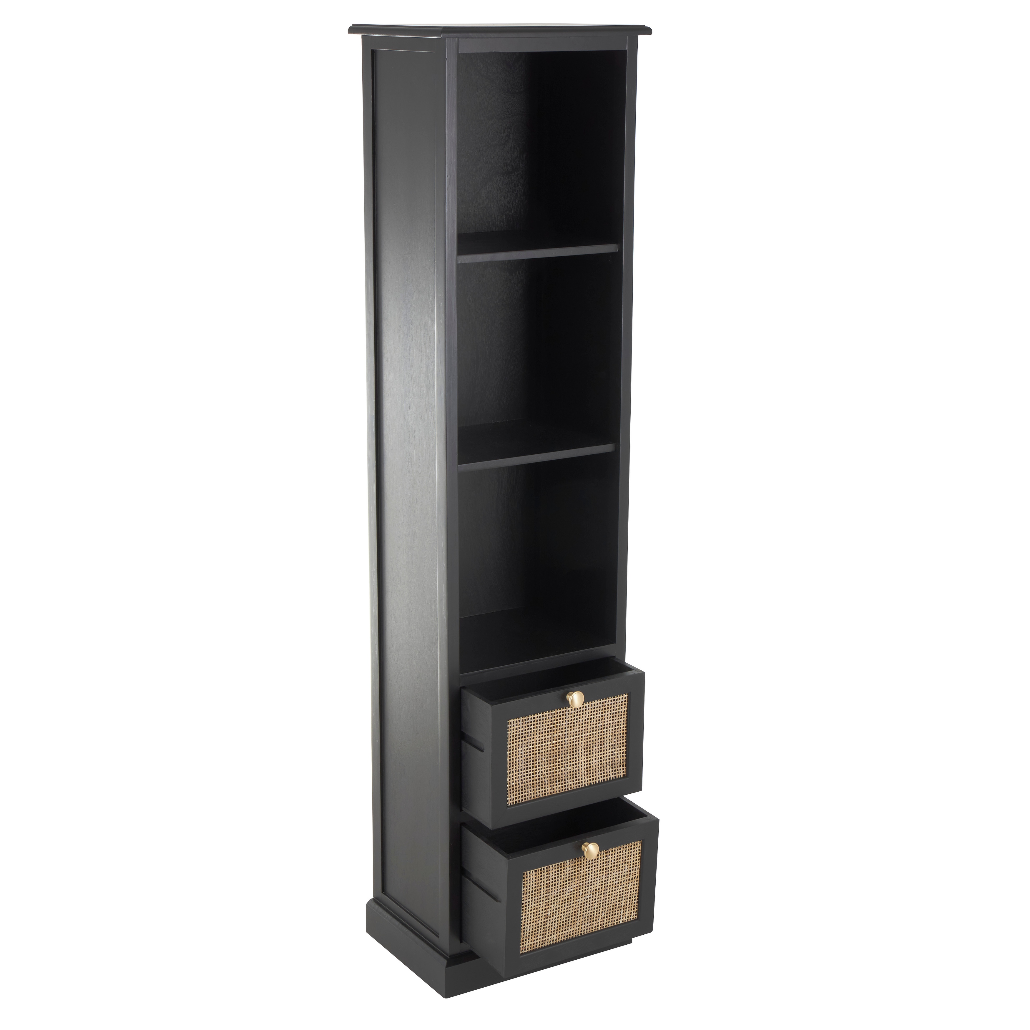 Black Wood 3 Shelves and 2 Drawers Cabinet with Rattan Front