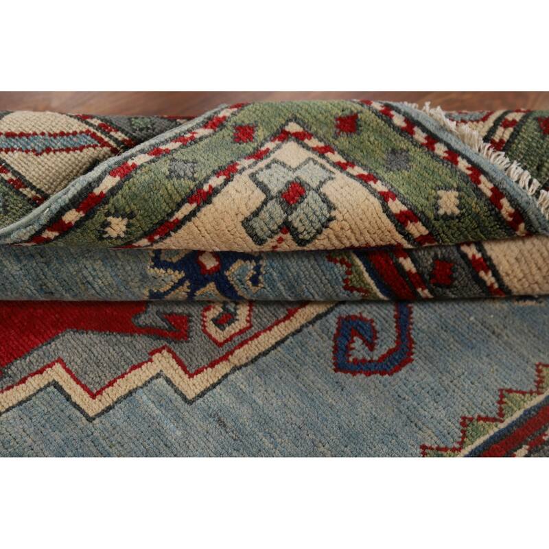 Light Blue Geometric Kazak Accent Rug Handmade Wool Carpet - 3'3" x 4'11"