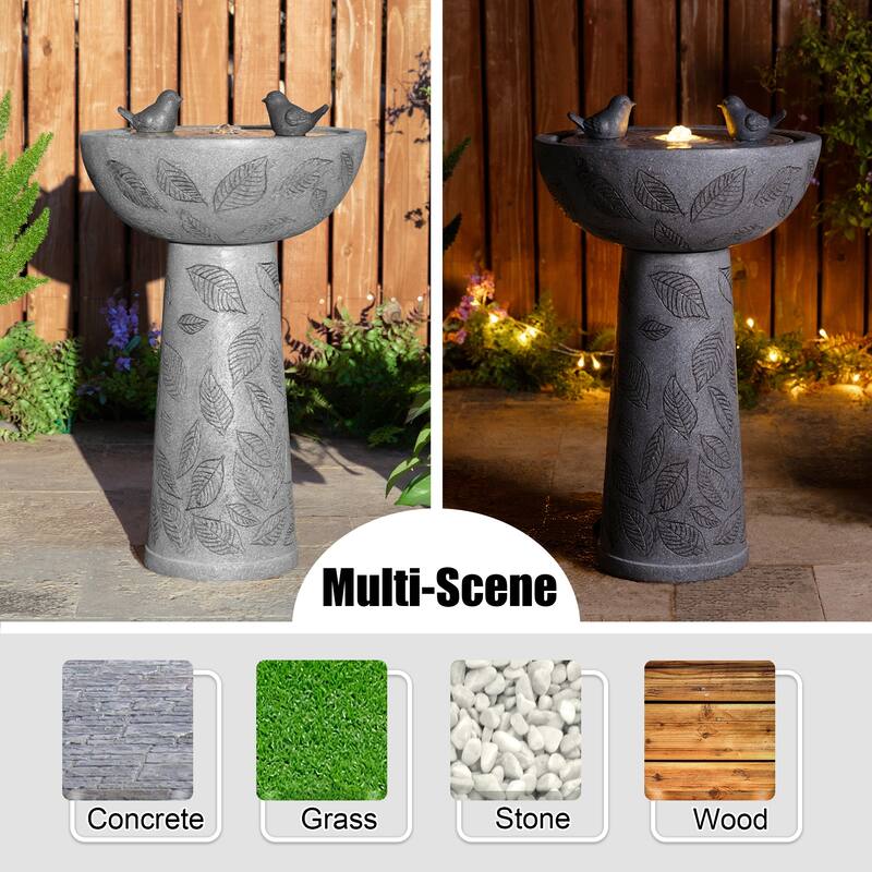 Glitzhome Birdbath Polyresin Outdoor Fountain with Birds, Pump and LED Light