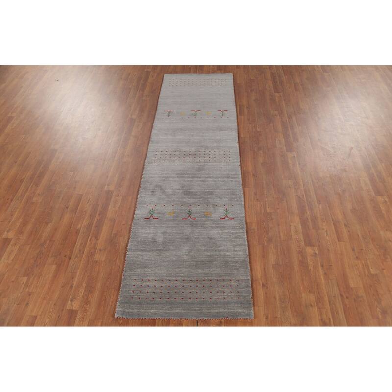 Gray Gabbeh Runner Rug Hand-Knotted Tribal Modern Wool Carpet - 2'10"x 9'7"