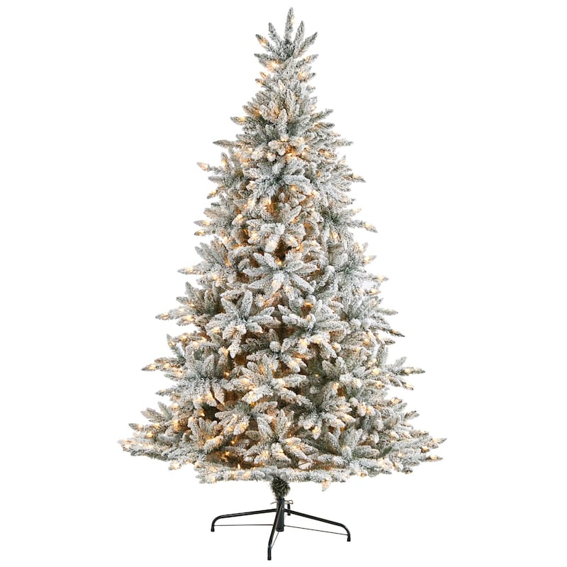8ft. Flocked Spruce Artificial Christmas Tree with 600 Clear Lights & 1856 Branches - Snowy Winter Holiday X-Mas Centerpiece