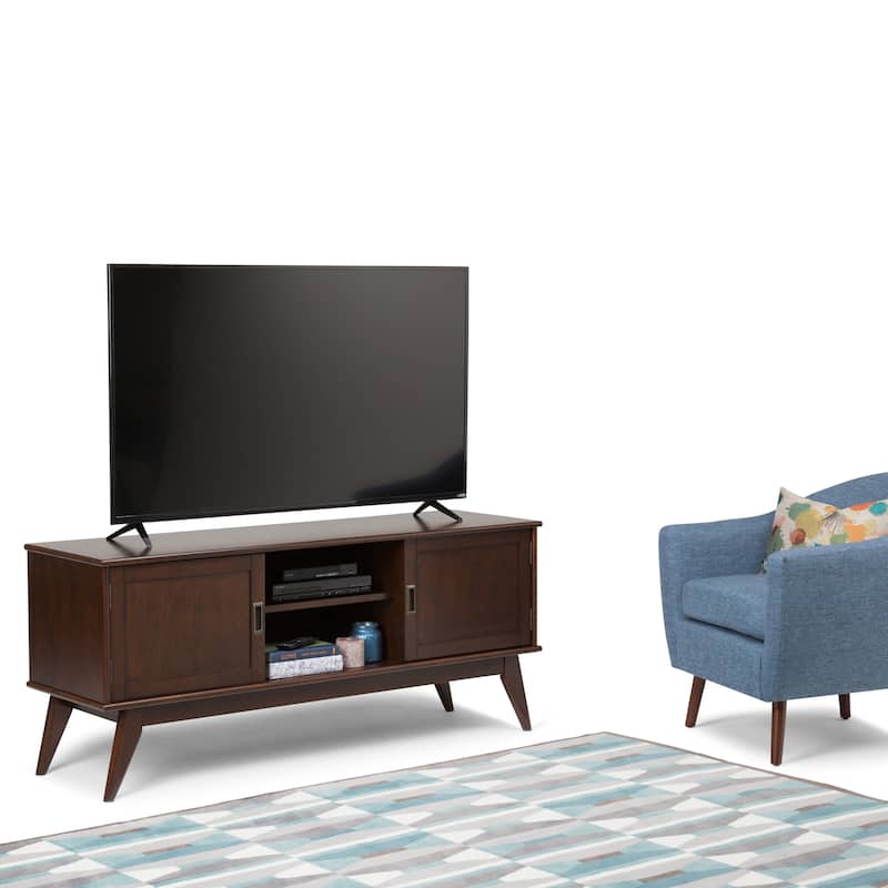 WYNDENHALL Tierney SOLID HARDWOOD 60 inch Wide Mid Century Modern TV Media Stand For TVs up to 65 inches - 60"w x 18"d x 26" h - Medium Auburn Brown