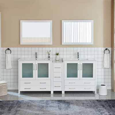 Vanity Art 84" Double Sink Bathroom Vanity Set 7 Dove-Tailed Drawers, 3 Cabinets, 2 Shelves, Soft-Closing Doors with Free Mirror