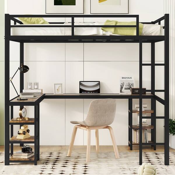 slide 2 of 8, Full Metal Loft Bed with Desk and Shelves