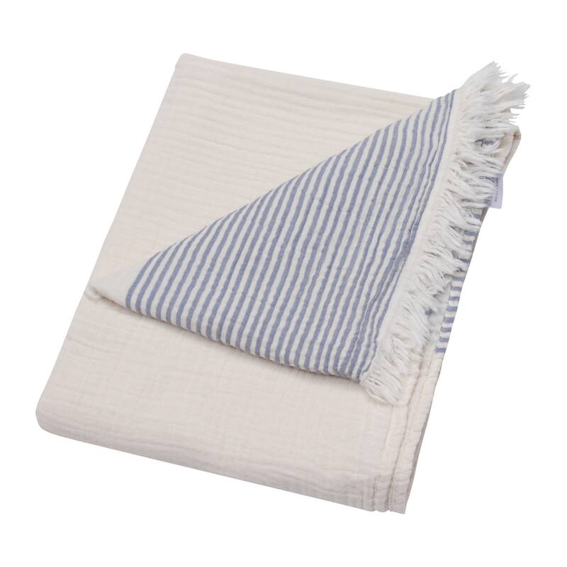 HomeRoots 47" X 60" Blue and Ivory Cotton Woven Striped Throw Blanket with Fringe