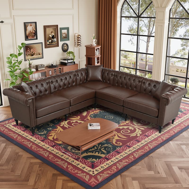 GDFStudio - Belmont 99" L-Shaped Reversible Chesterfield PU Leather Sectional Sofa with Nailhead Trim & Tufted Back
