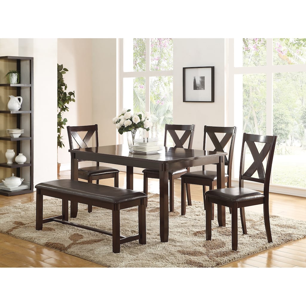 Dining Room Furniture Casual Modern 6pc Set Dining Table 4x Side Chairs and A Bench Rubberwood and Birch veneers Espress