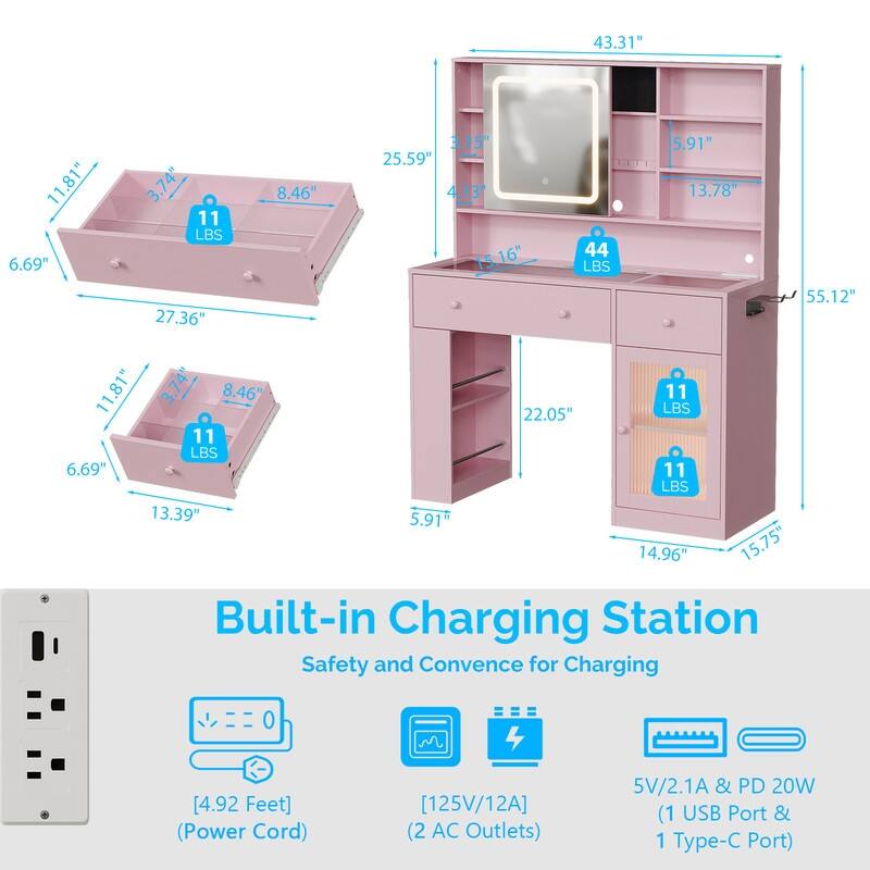 Particle Board Veneered , 2 Drawers, 1 Glass Door, Left and Right 2-tier Shelves, Glass Tabletop, Dressing Table - N/A