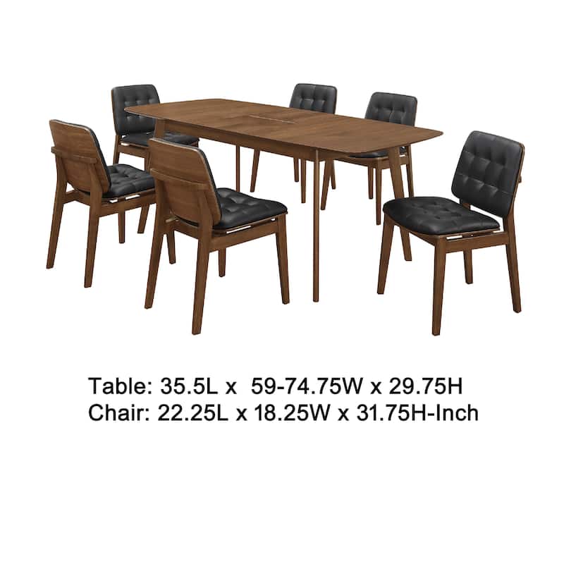 Bera 7pc Dining Set w Chairs, 59-75 Inch Extendable, Walnut Brown, Black Faux Leather
