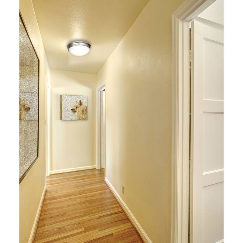 Access Lighting Atom - 3-Light 14" Flush Mount - Brushed Steel Finish - Opal Glass Shade