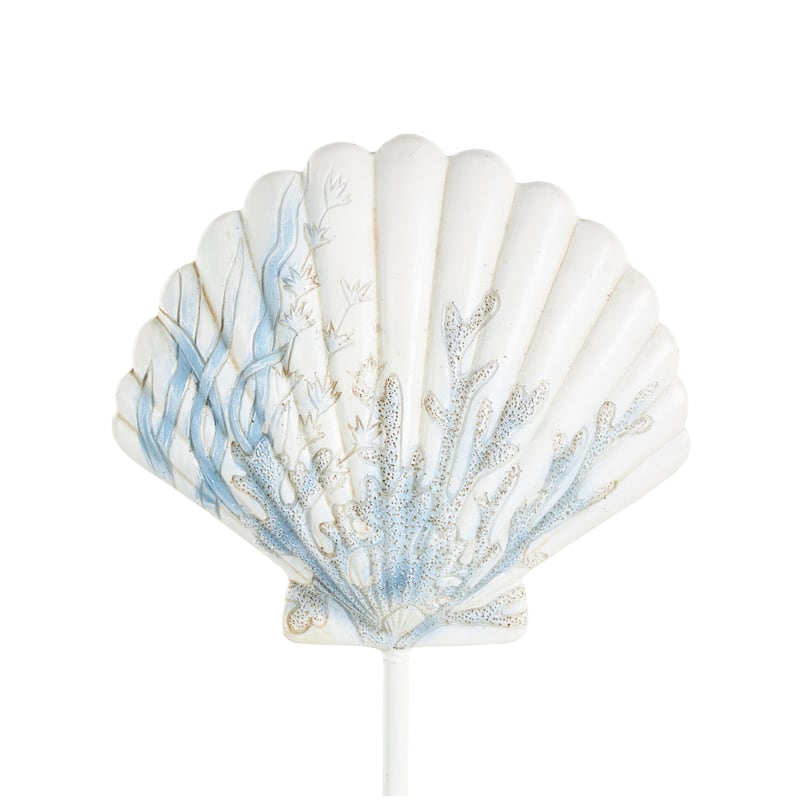 White Polystone Shell and Starfish Sea Life Decorative Sculpture with Blue Coral Patterns (Set of 3)