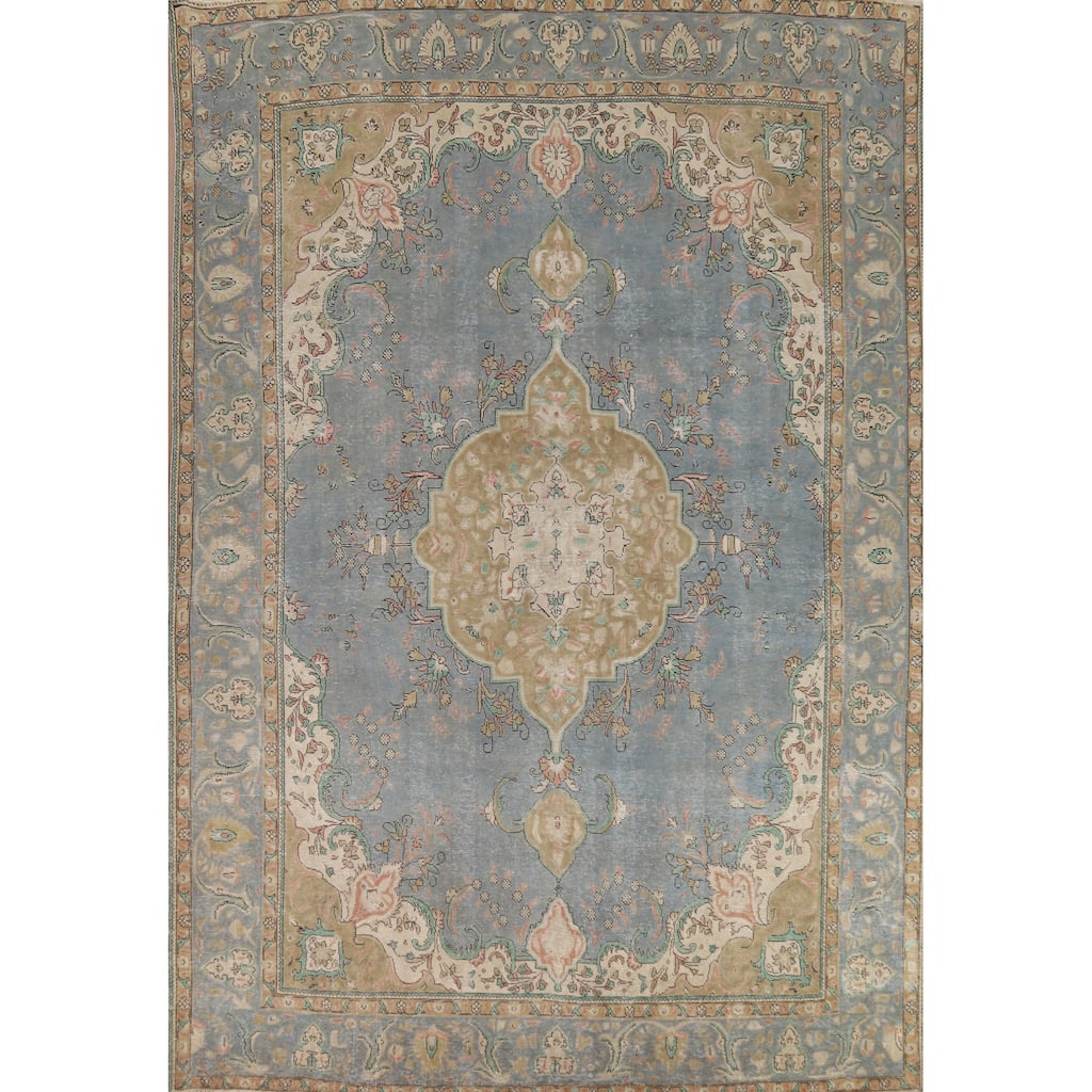 Blue Tabriz Persian Vintage Area Rug Hand-Knotted Wool Carpet - 9'6" x 12'8"