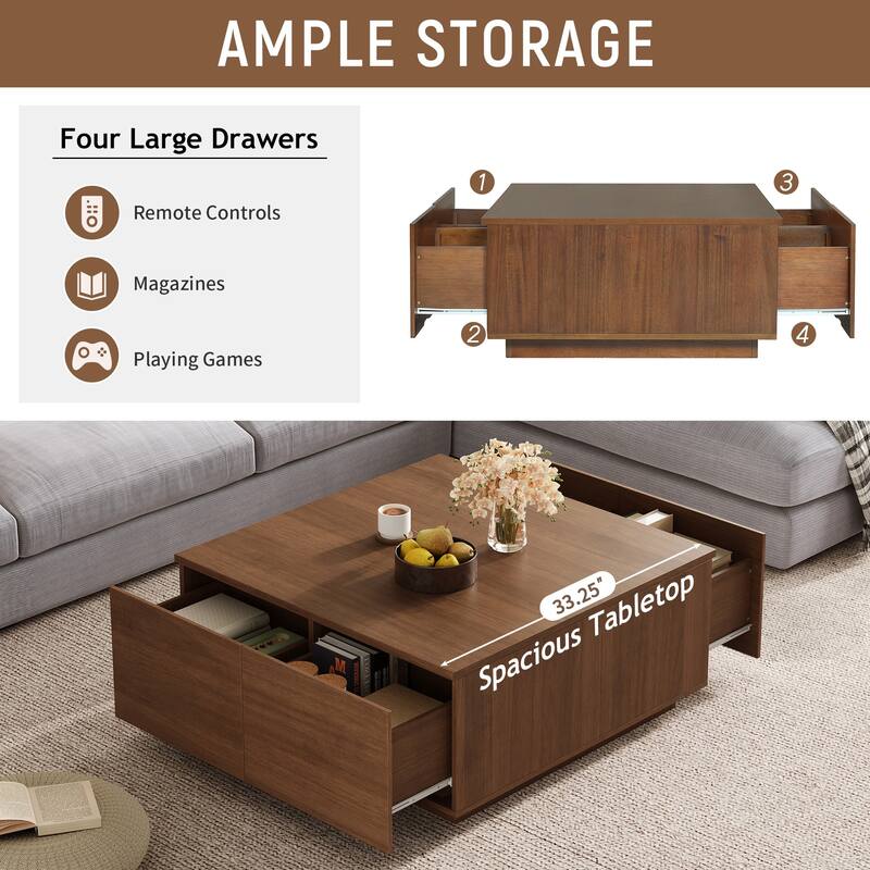 Elegant Square Coffee Table with 4 Spacious Drawers by Harper&Bright Designs