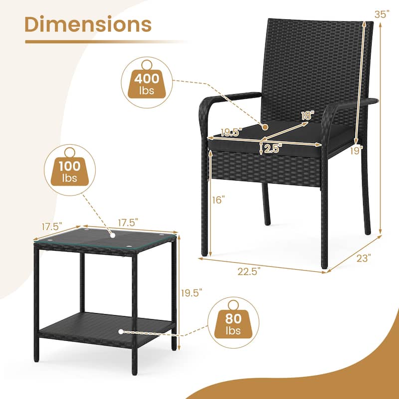 3 Piece Black PE Rattan Patio Set with Metal Frame, Cushions and Glass Table - Chair: 23" x 22.5" x 35"