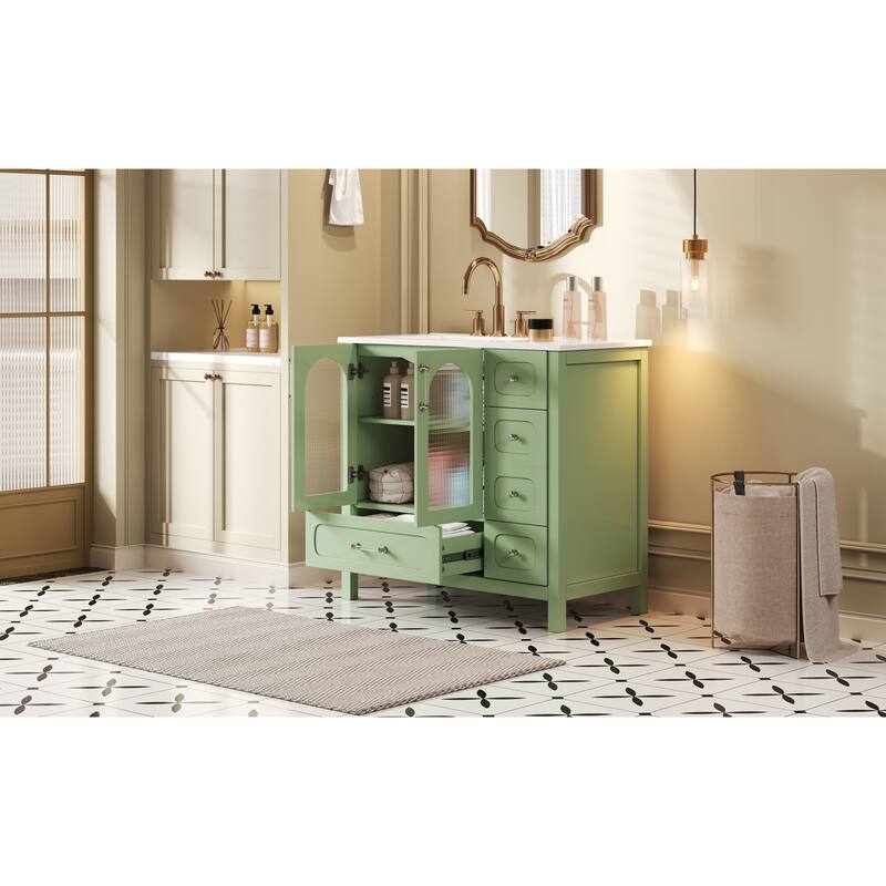 GDFStudio - Fairwater Modern Bathroom Vanity with Waffle Glass Soft-Closing Doors, 4 Storage Drawers and Ceramic Sink - 36'W