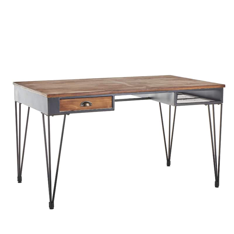 Metal Double Sided Desk with Brown Wooden Tabletop and Drawers - Black - Roche River Decor