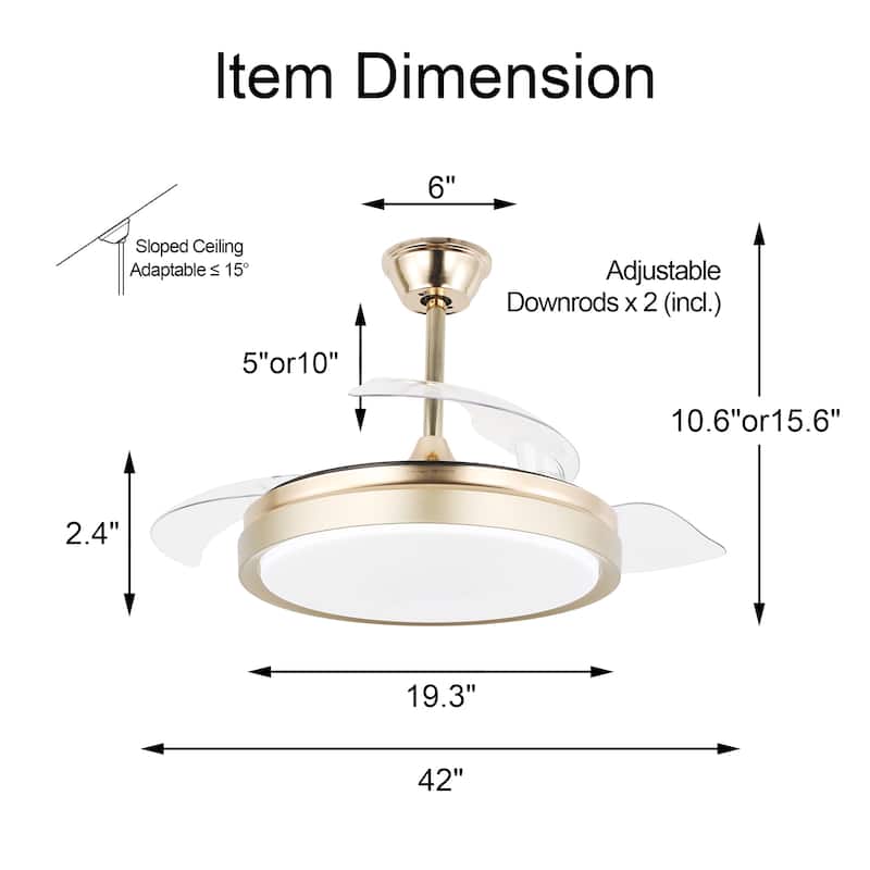 42" Ceiling Fan Light Kit Included with Retractable Blades,6 Fan speed 3 Light Tone with Remote Control - 42 Inches