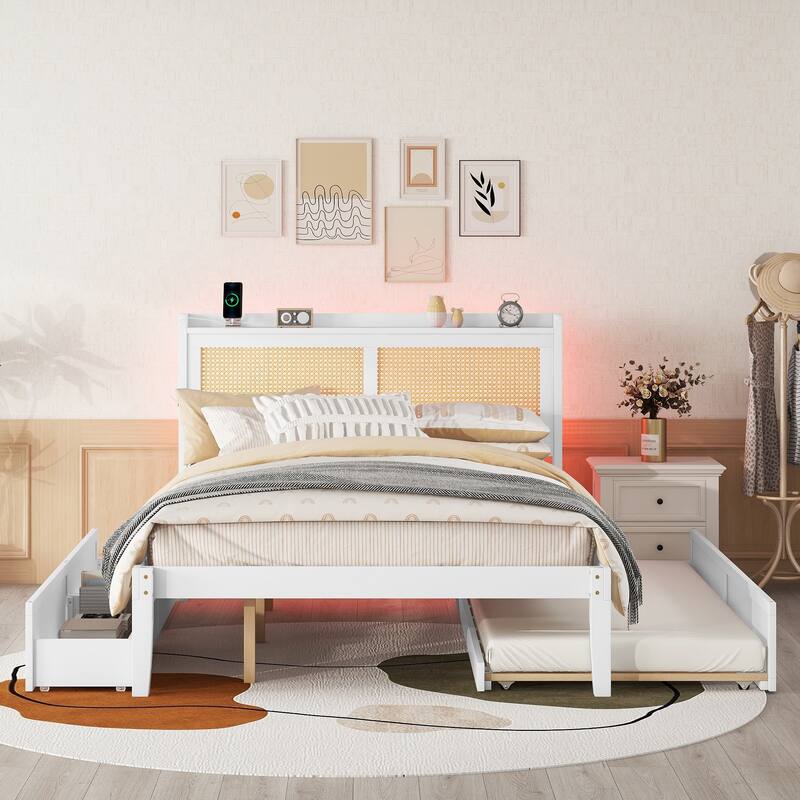 Queen Size Elegant Platform Bed Frame, PullOut Bed with Rattan