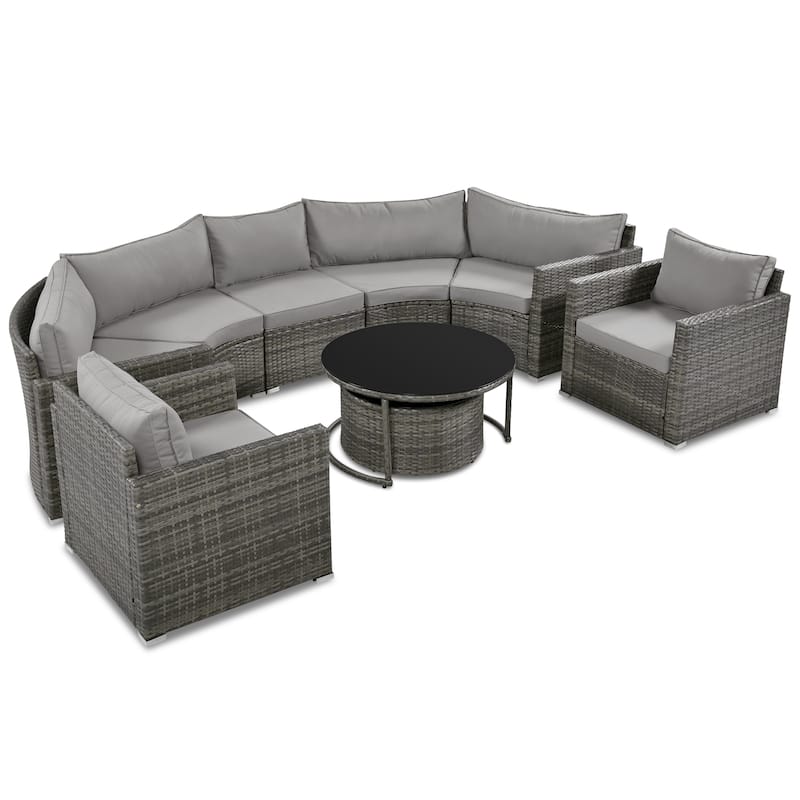 9-Piece Curved Outdoor Wicker Sectional Sofa Set with Overlapping Coffee Tables, Cushions, Modular Half-Moon Design
