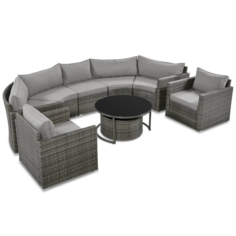 9 Piece Half-Moon Outdoor Sofa Set, All-Weather Rattan Conversation Furniture Set, Round Sofa Set with Coffee Table