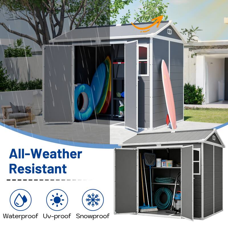 8x6 ft Plastic Utility Storage Shed with Floor, Lockable Garden Tool Shed for Backyard and Trash Bins