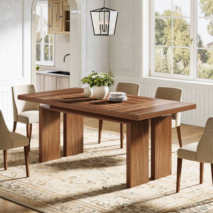 63-Inch Mid-Century Modern Dining Table, Wooden Kitchen Table for 6