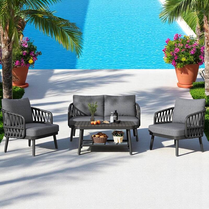 4-Piece Outdoor Conversation Set with Woven Rope U-Shaped Backrest, Acacia Wood Coffee Table, Water-Repellent Cushions