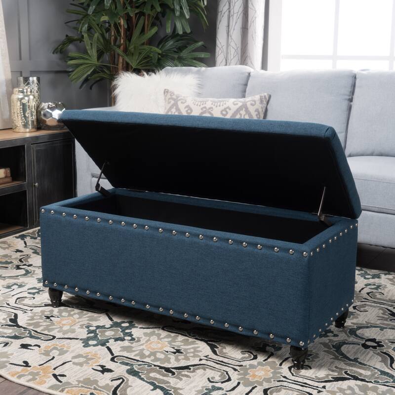 Navy Blue Polyester Storage Ottoman
