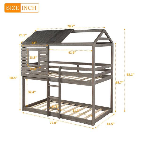 Gray Natural Wood Grain Twin Over Twin Bunk Bed Wood Loft Bed - Bed ...
