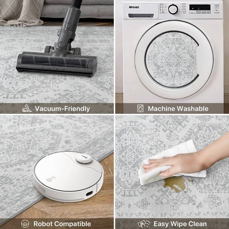 Mcow Floral Faded Low Pile Machine Washable Non-Slip Area Rug