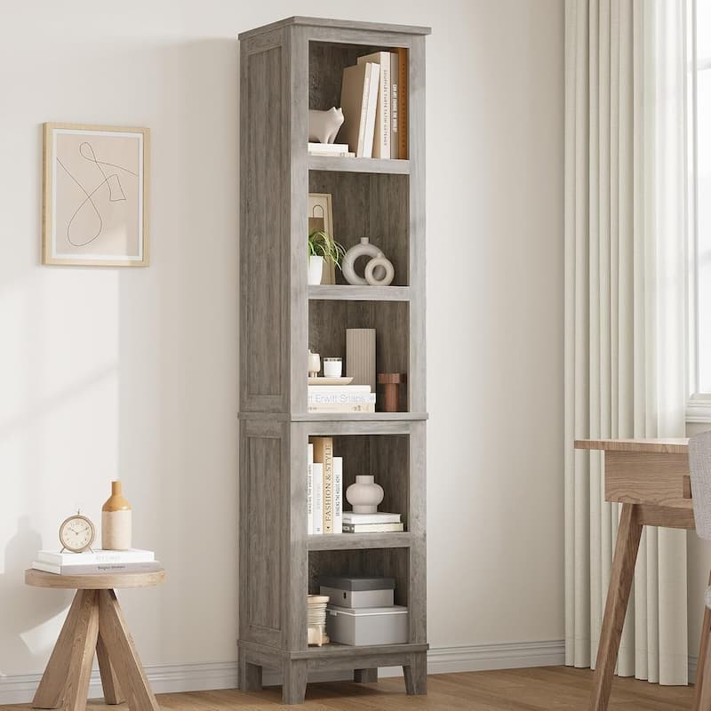 5 Tier Tall Narrow Bookcase with Adjustable Shelves for Living Room Apartment Office - N/A - Grey