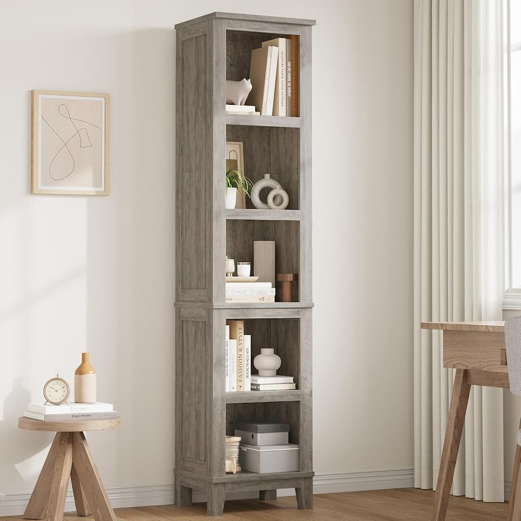5 Tier Tall Narrow Bookcase with Adjustable Shelves for Living Room Apartment Office - N/A