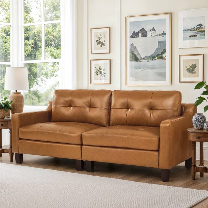 3-Seater Genuine Leather Tufted Sofa for Living Room - Whisky Brown