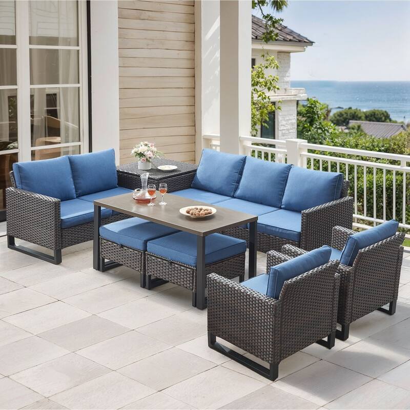 Gymojoy 7-9 Person Outdoor Patio Wicker Conversation Set Group With Armchairs And Ottomans