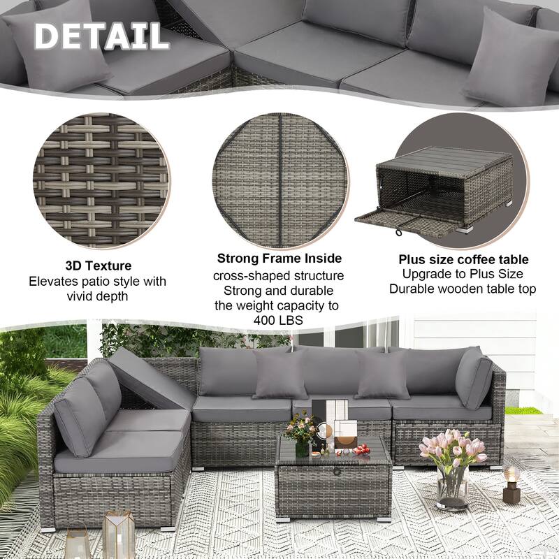 EROMMY 6/7 Piece Modular Outdoor Rattan Sofa Set, All-Weather Wicker Patio Furniture with Storage Table, Cushions & Pillows