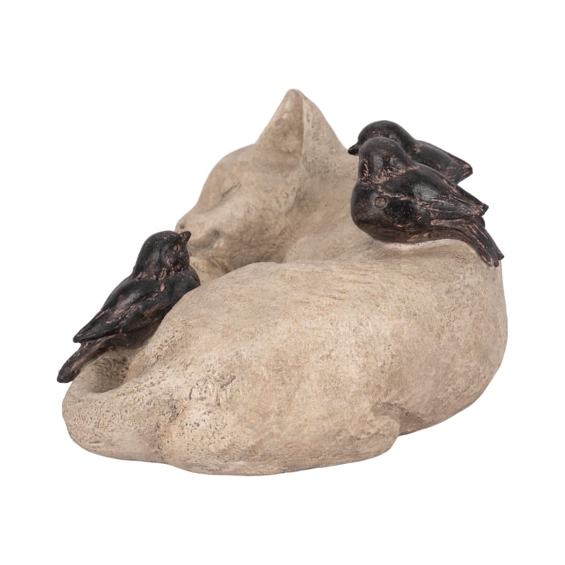 Sagebrook Home 12-inch White/Brown Sleeping Kitty With Birds - Polyresin and Metal Garden Statuary for Decor