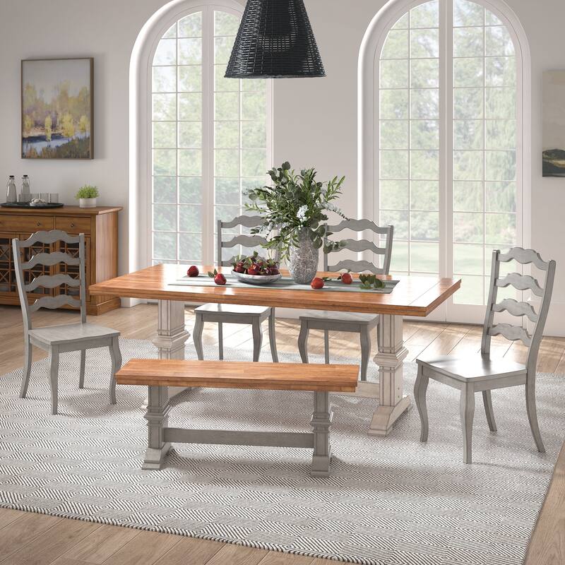 Ronda 78" Rectangular Solid Wood Top Dining Set with French Ladder Back Chairs - Antique White Table - Antique Grey Chairs and Bench