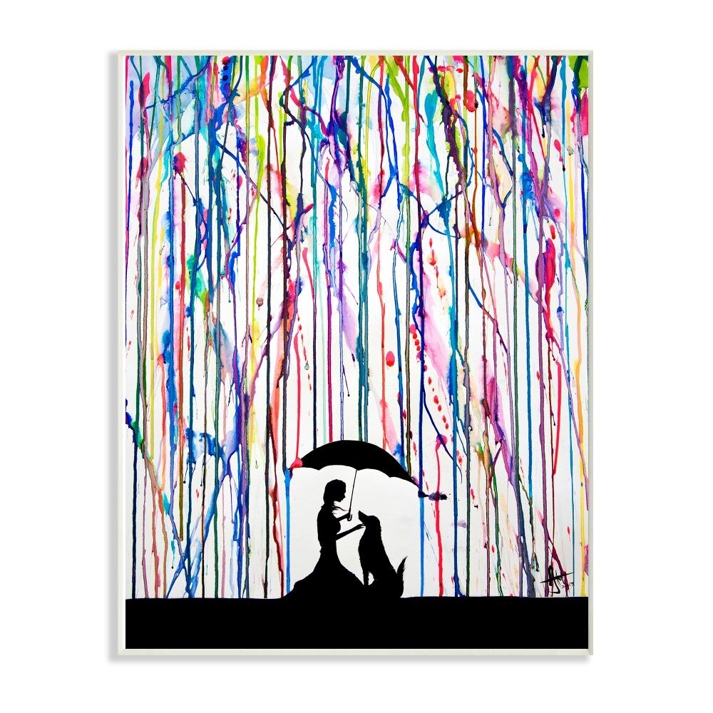 Stupell Wood Wall Art with Rainbow Raindrops and Umbrella Dog Silhouette-image