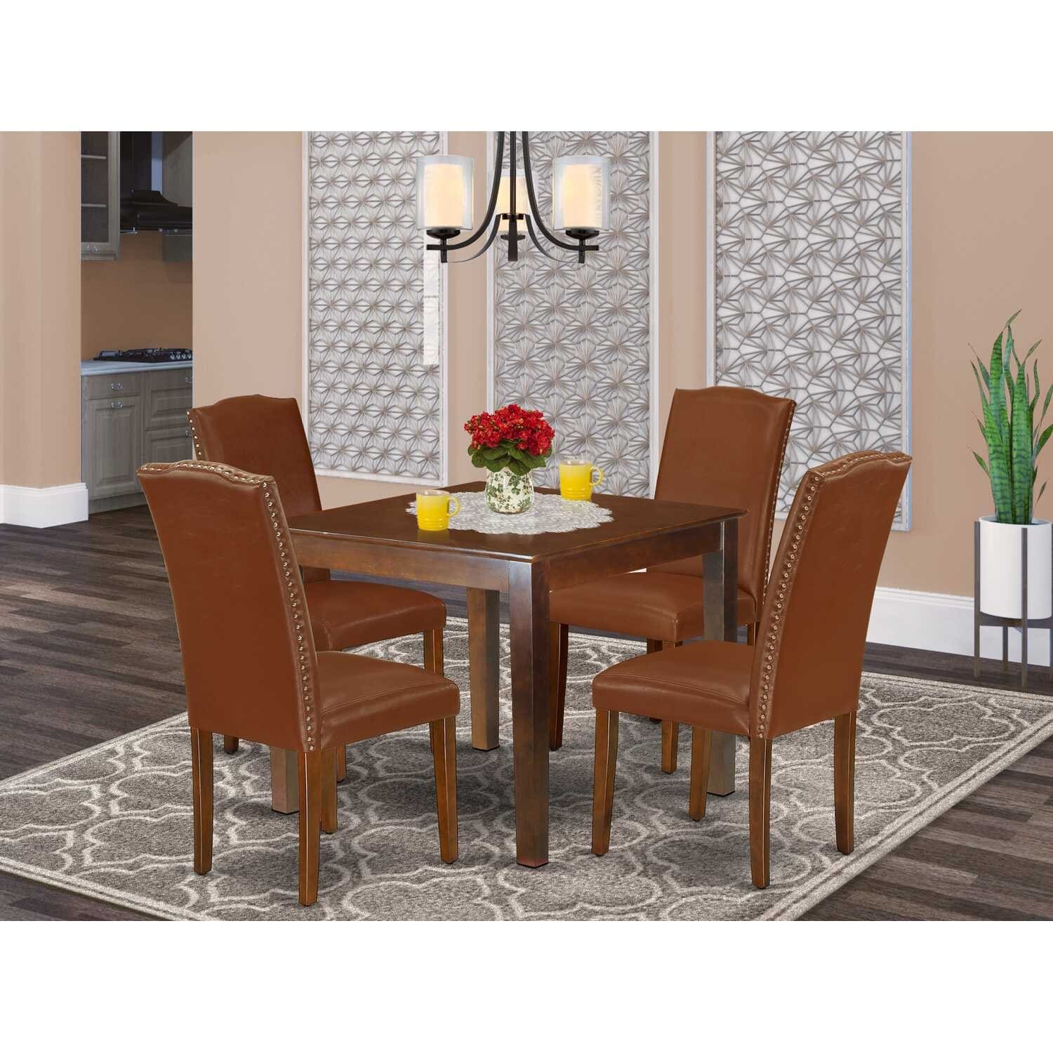 Square Dining Set 5Pc Table & Chairs - Seaside Style Brown Faux Leather Mahogany Legs 36 Inch