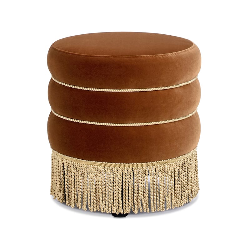 Edward 17.5" Round Upholstered Ottoman with Gold Bullion Fringe
