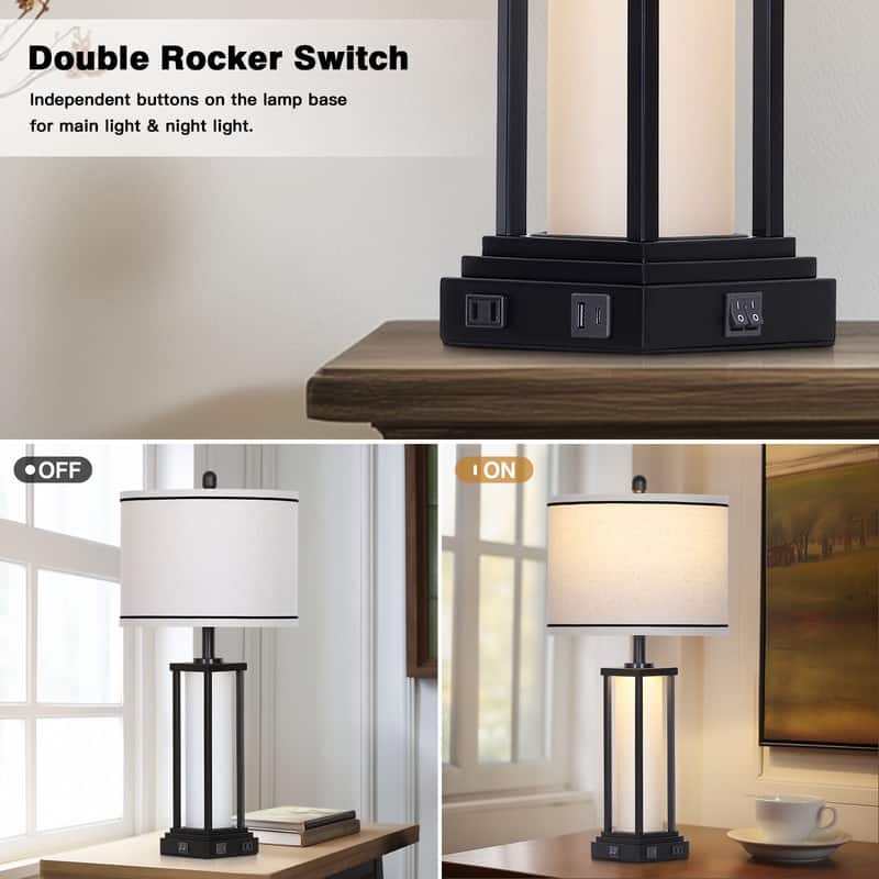 27'' Industrial Table Lamp with USB-C & AC Outlet, Dual Lighting, Black Metal & Glass Frame(Set of 2) - 12.5'' x 12.5'' x 27''
