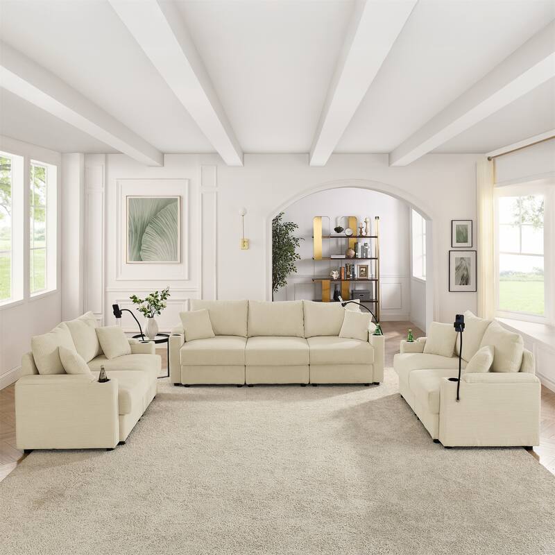 Corduroy Upholstered 7 Seater Sofa, Set of 3 Deep Seat Storage Couch with Cup Holders and Phone Stands for Living Room - Beige